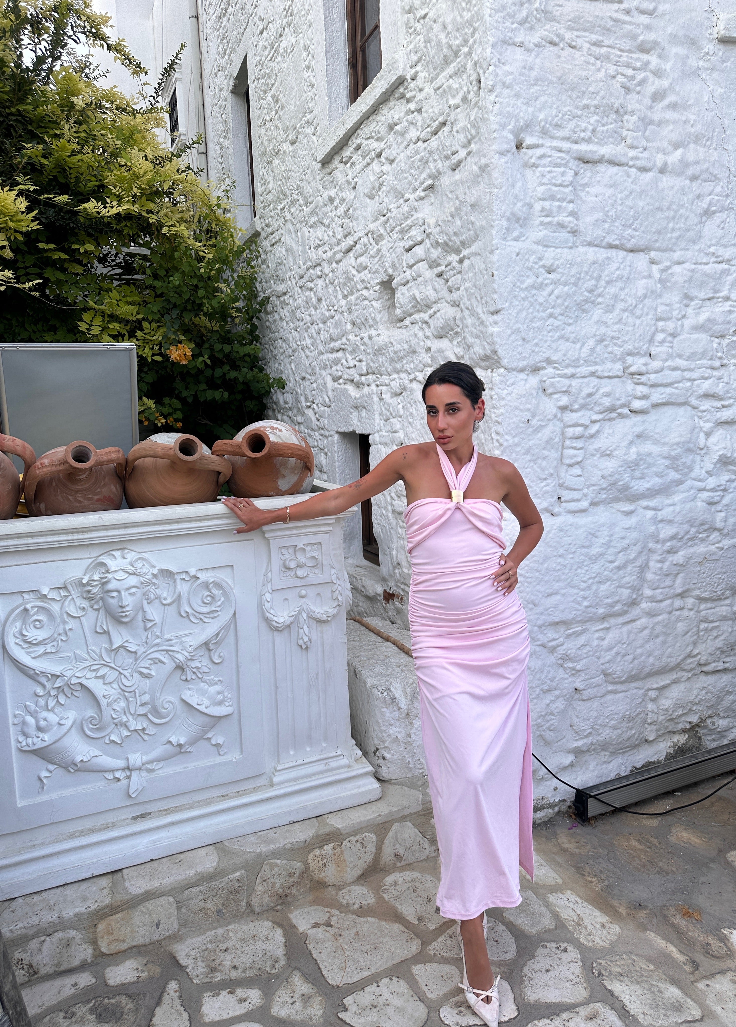 Toka Detaylı Pink Elbise