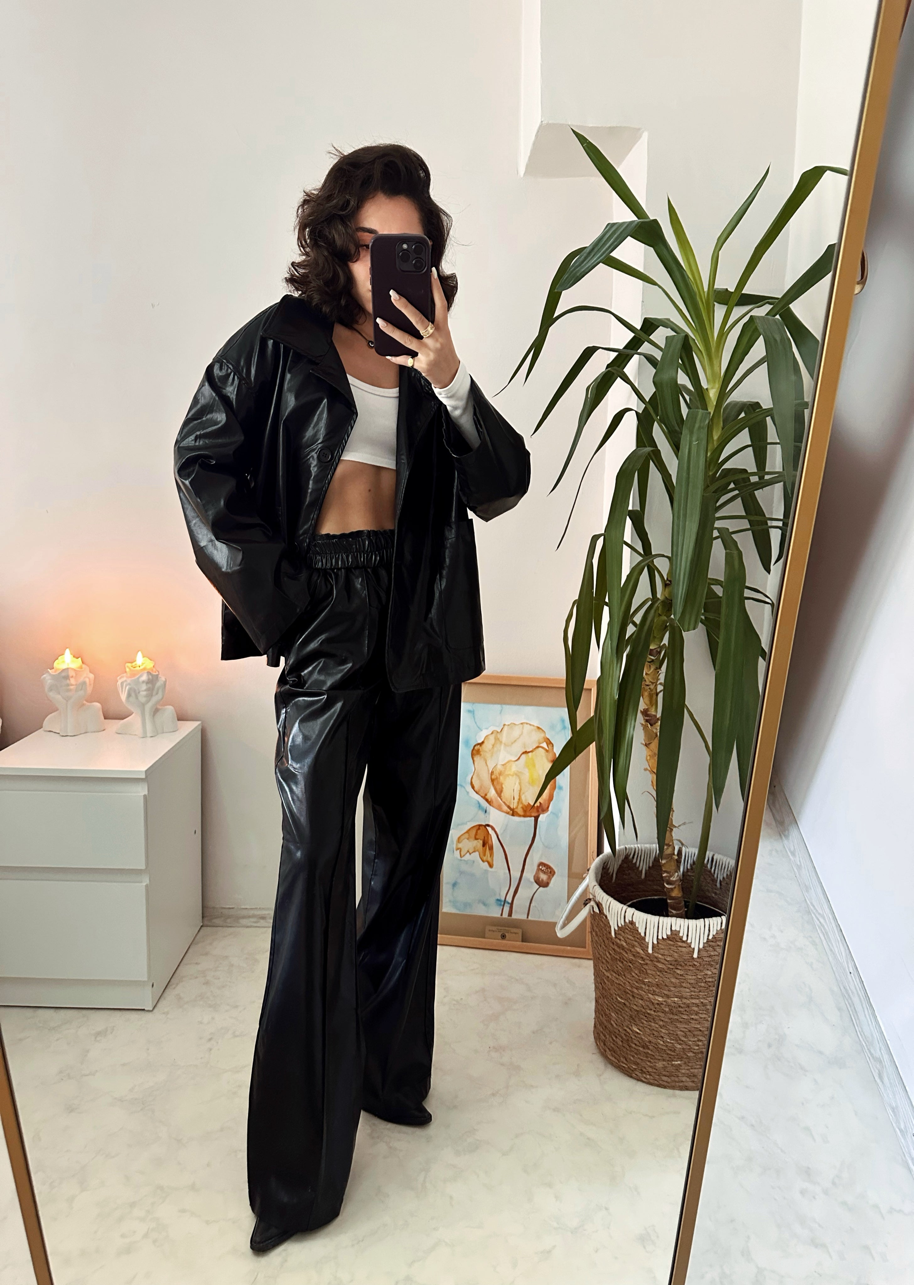 Parlak Deri Ceket Takım