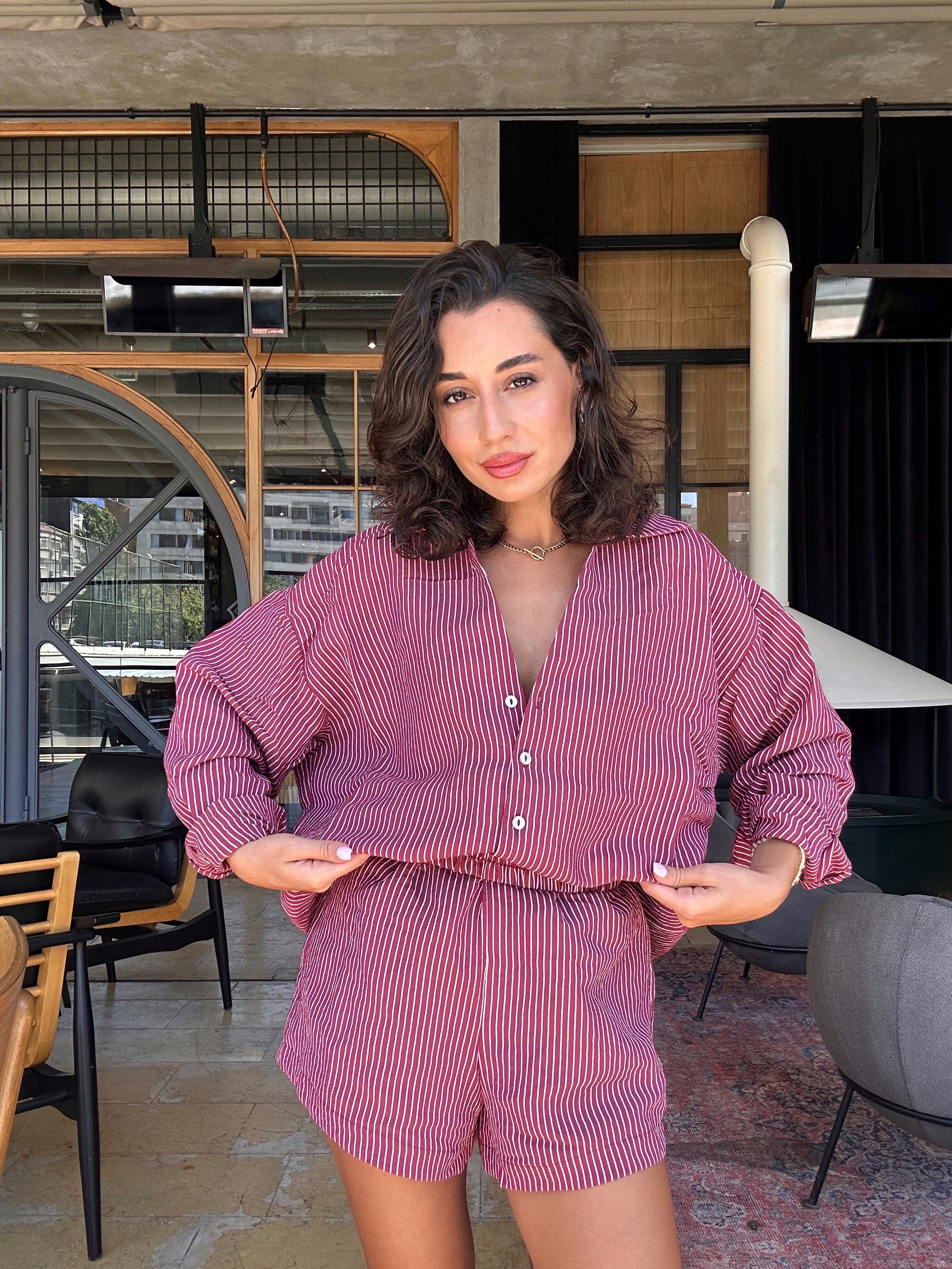 Çizgili Gömlek Şort Takım