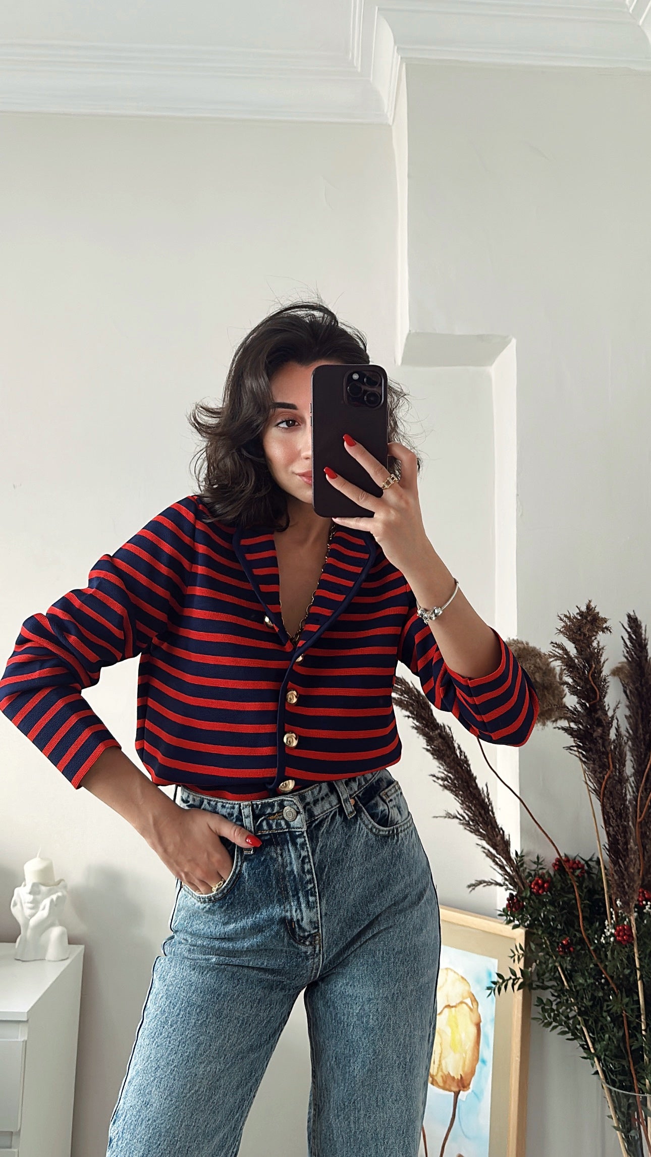 Gold Düğmeli Çizgili Hırka