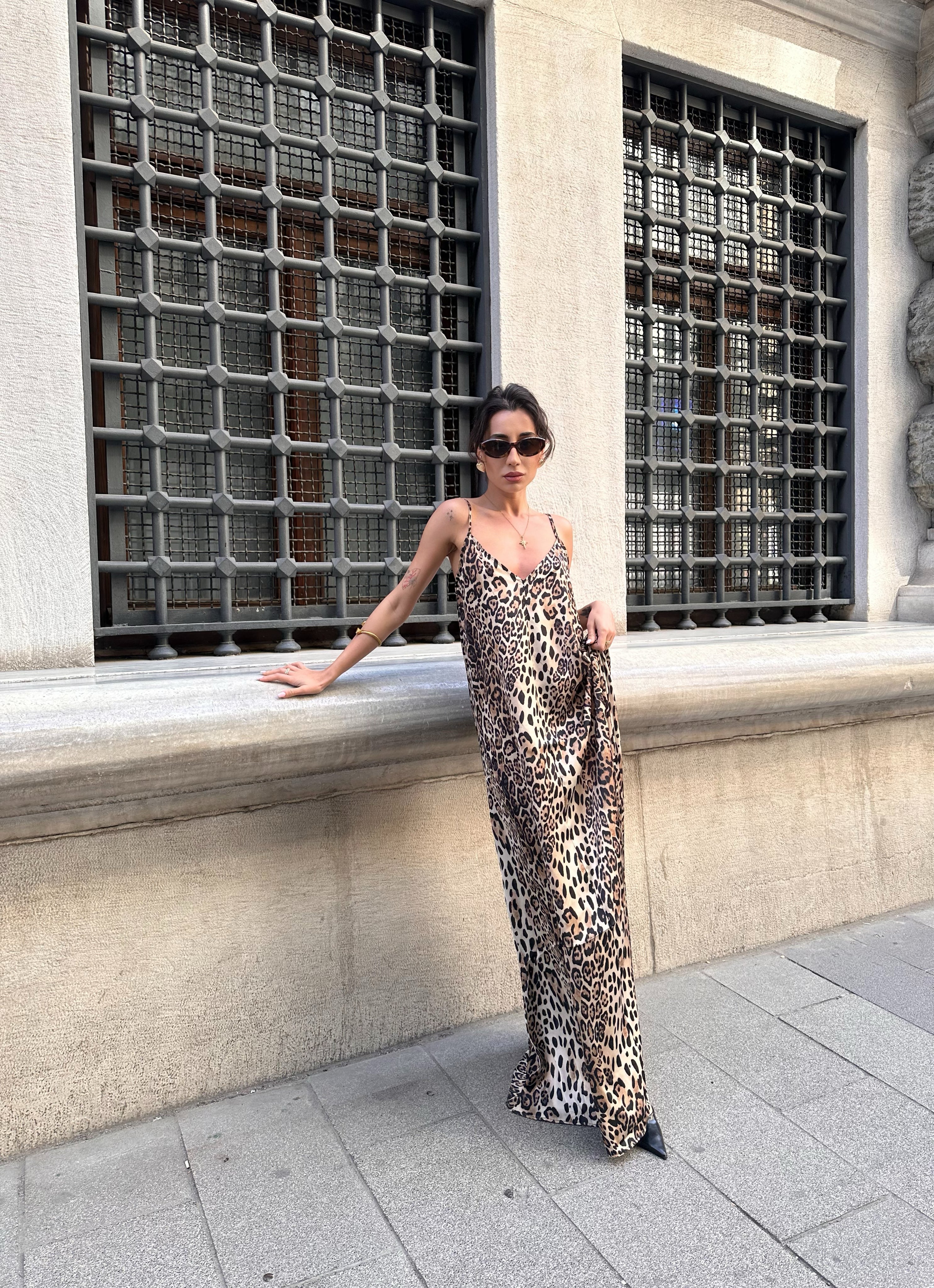 Leopar Saten Maxi Elbise