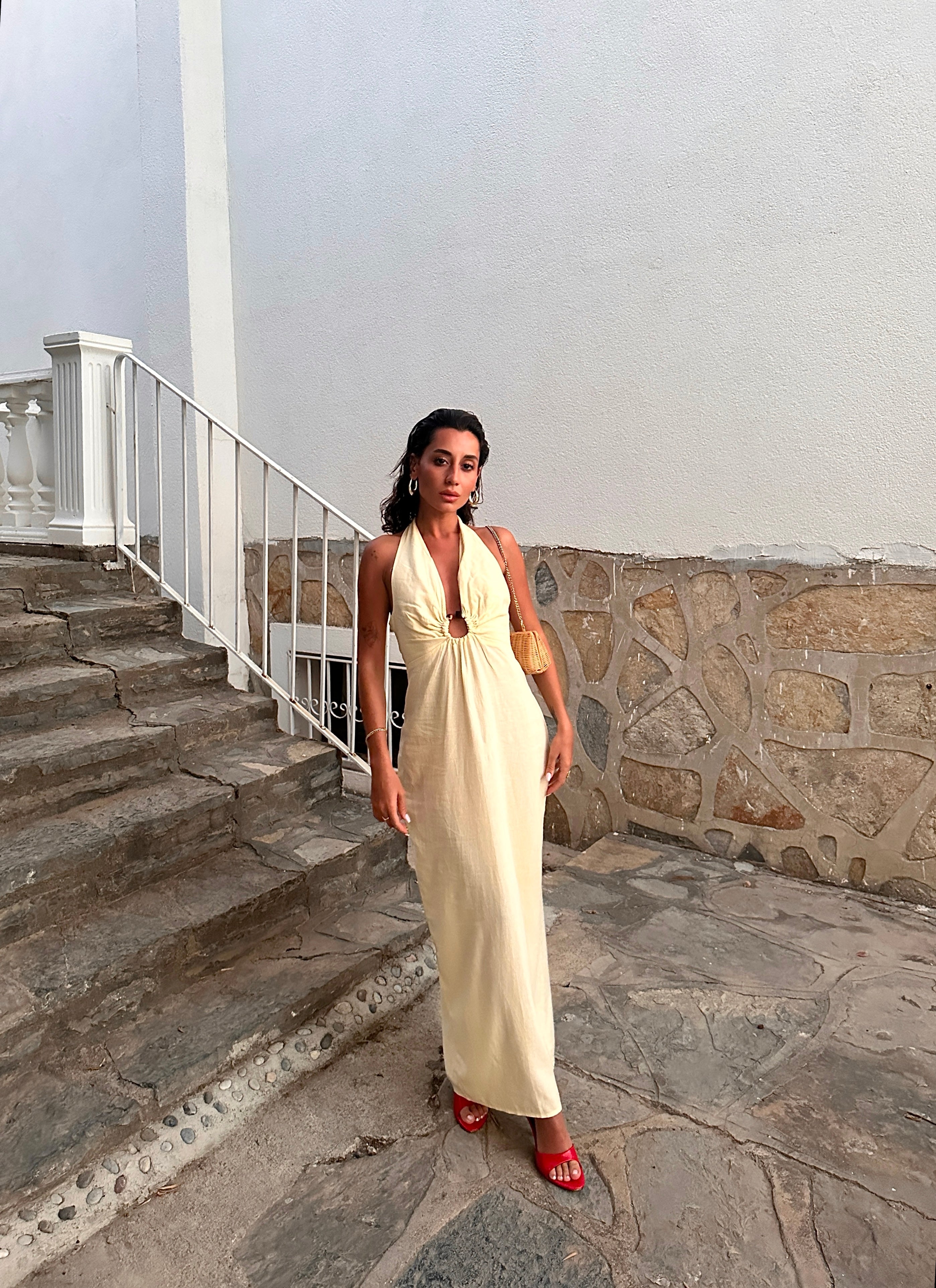 Boyundan Bağlamalı Keten Elbise