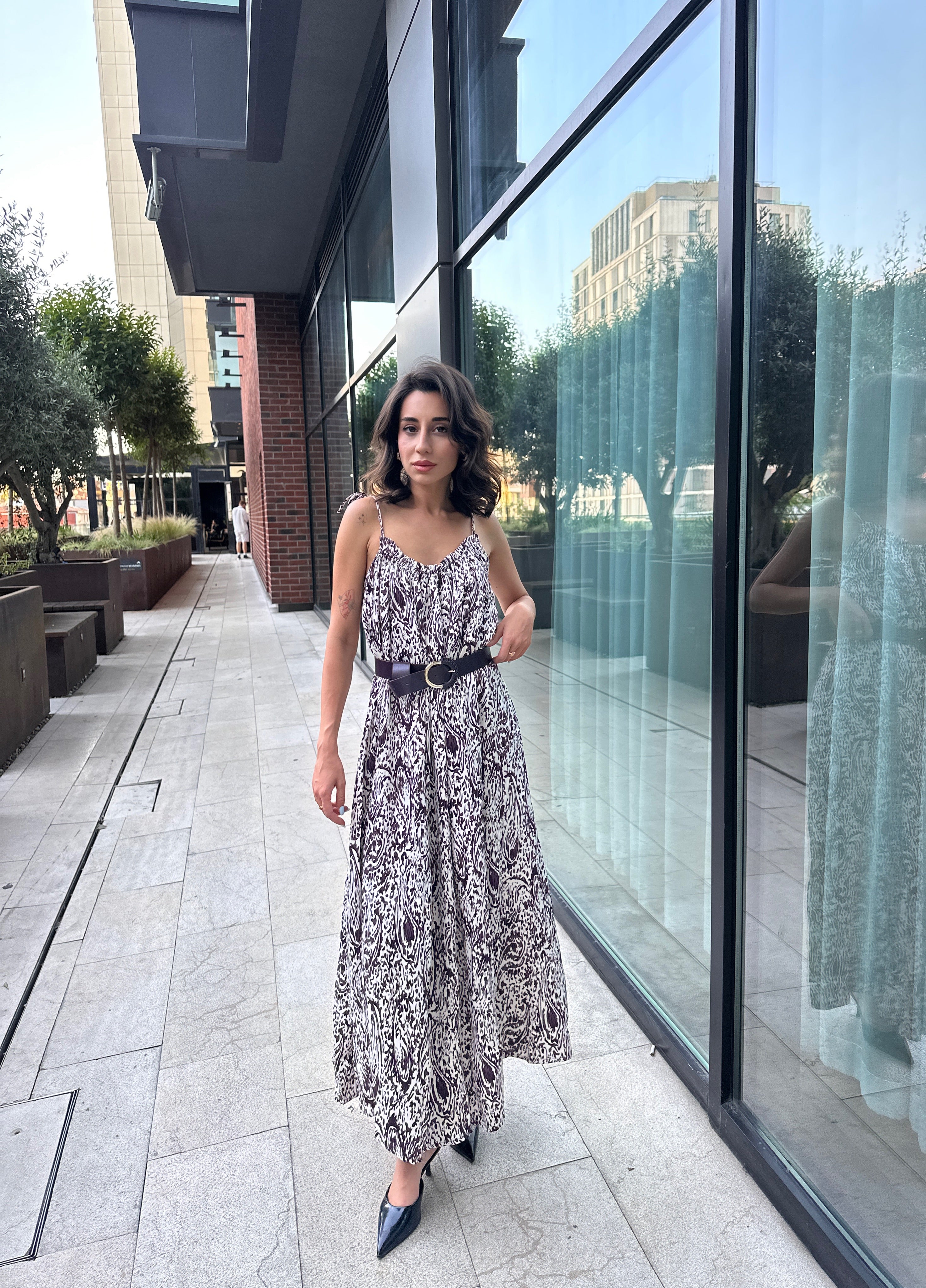 Saten Desenli Maxi Elbise