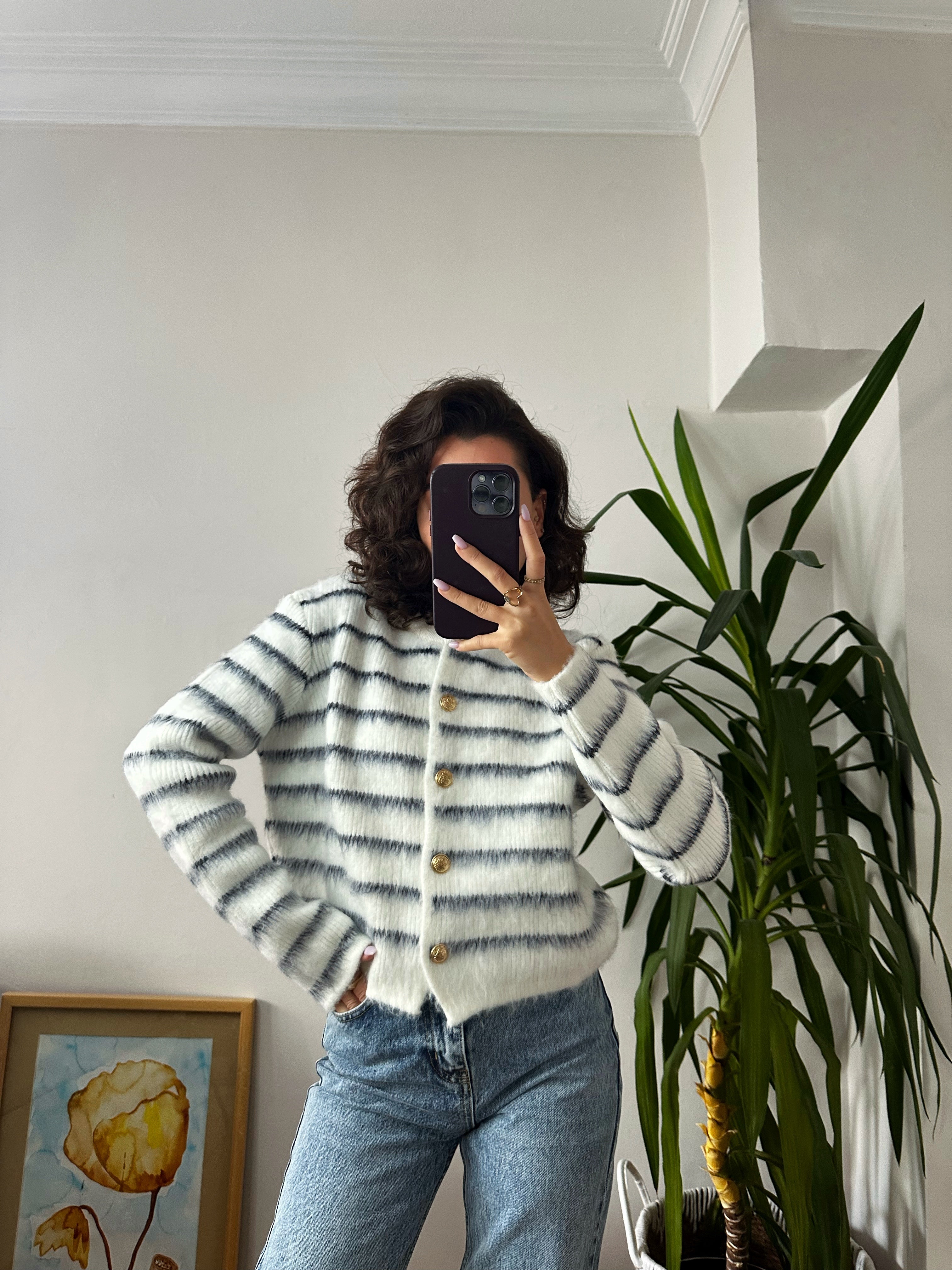 Gold Düğmeli Çizgili Hırka