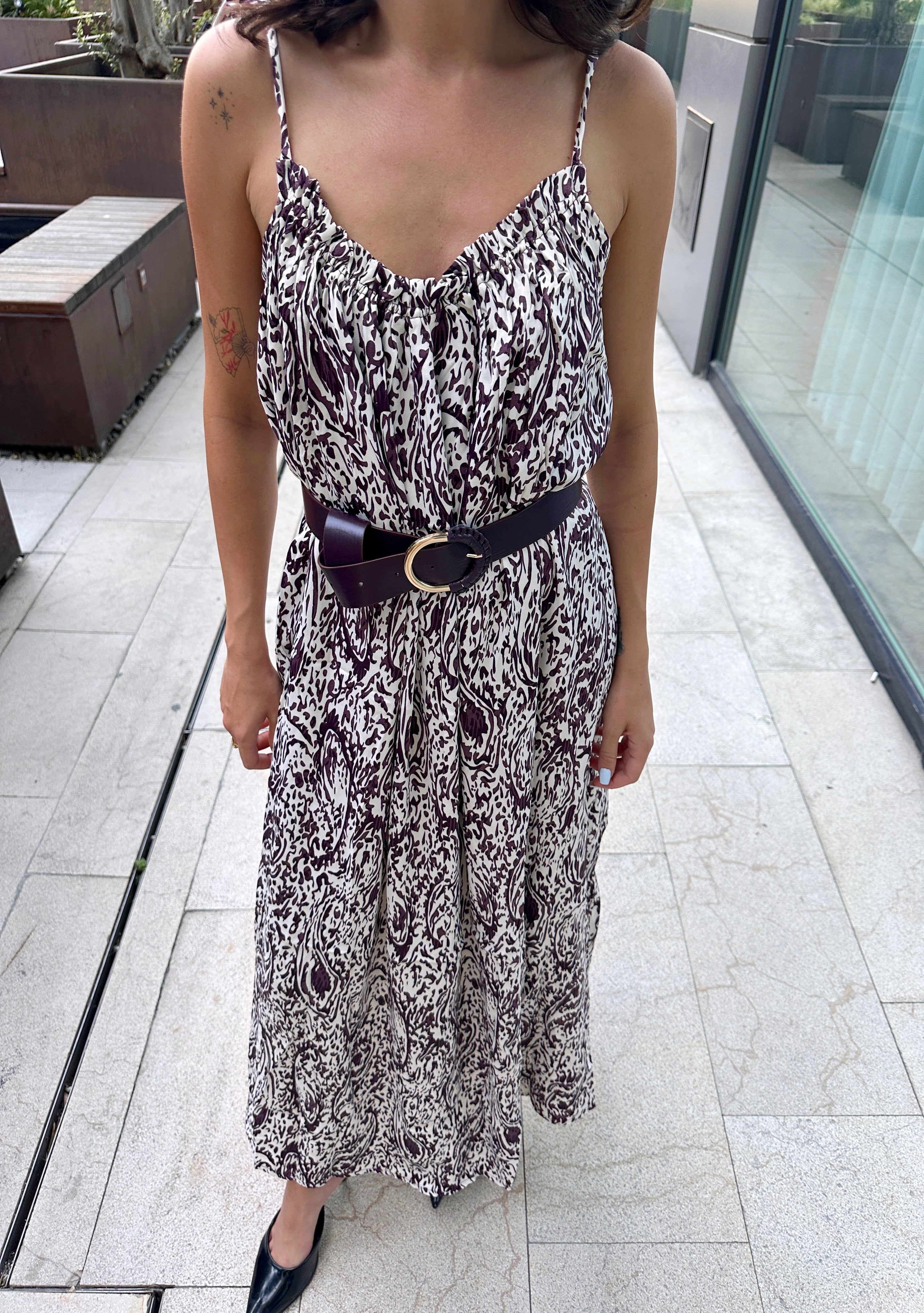 Saten Desenli Maxi Elbise