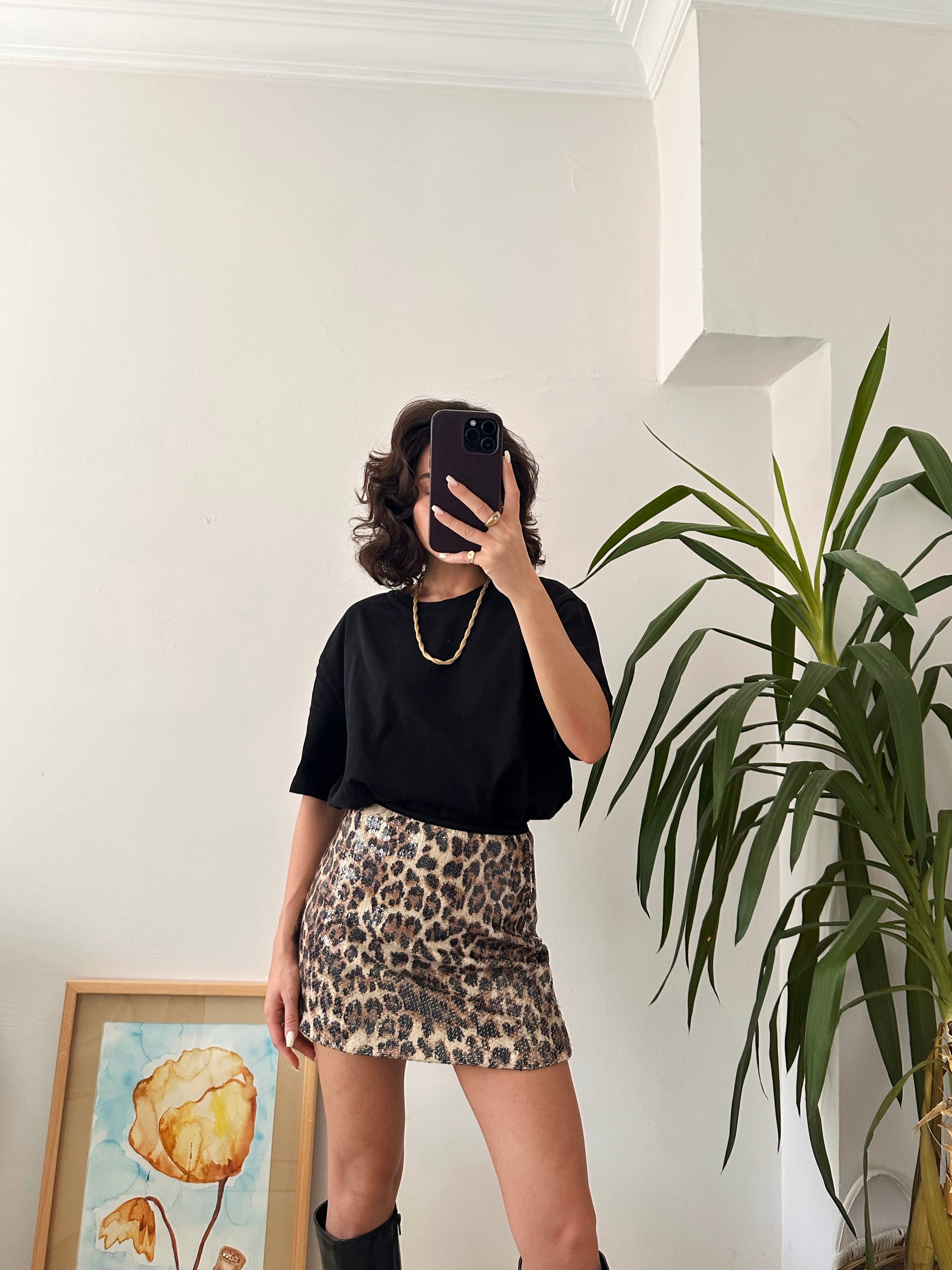 Leopar Desenli Payetli Tasarım Etek