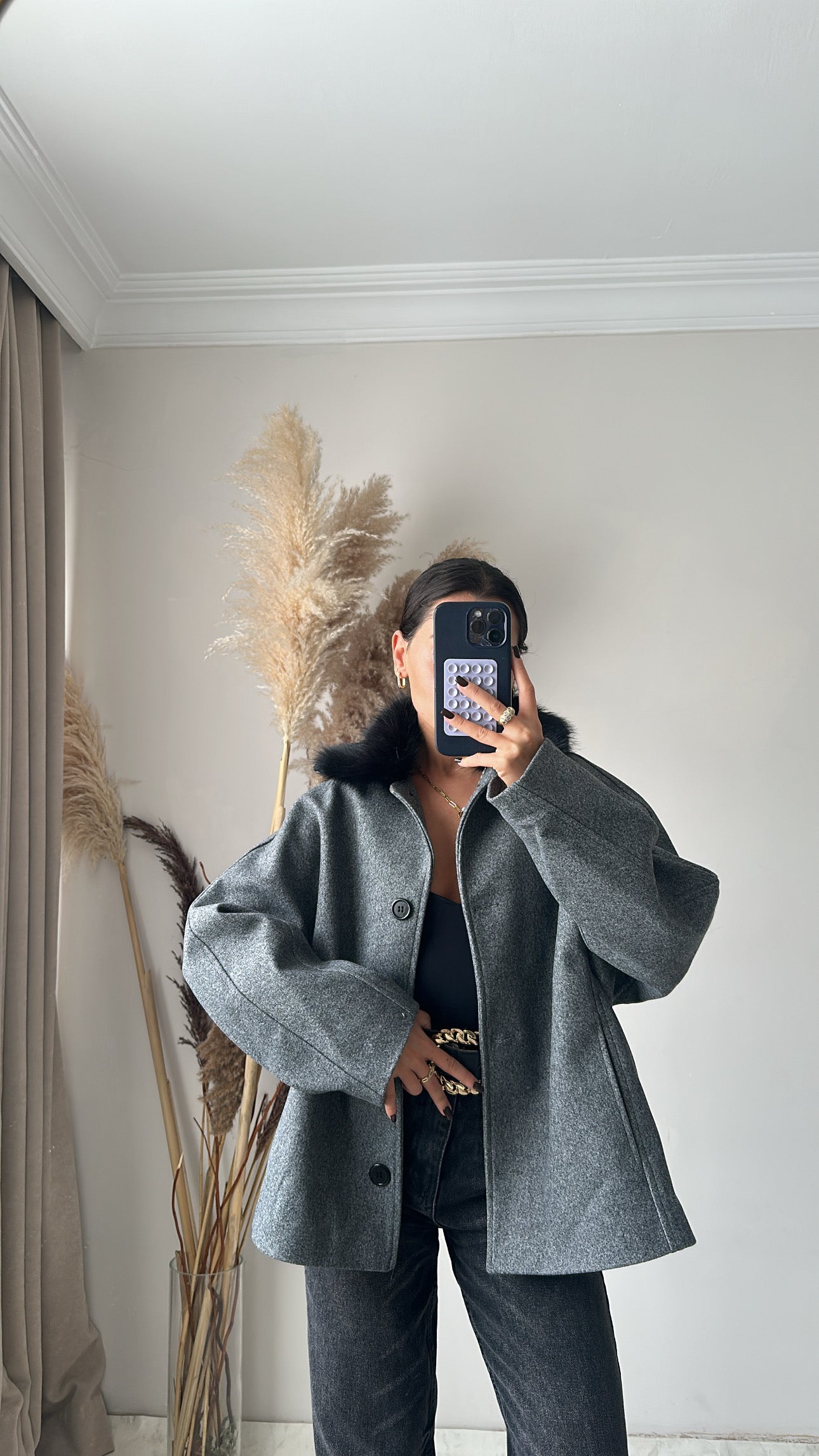 Kürk Detaylı Kaşe Ceket