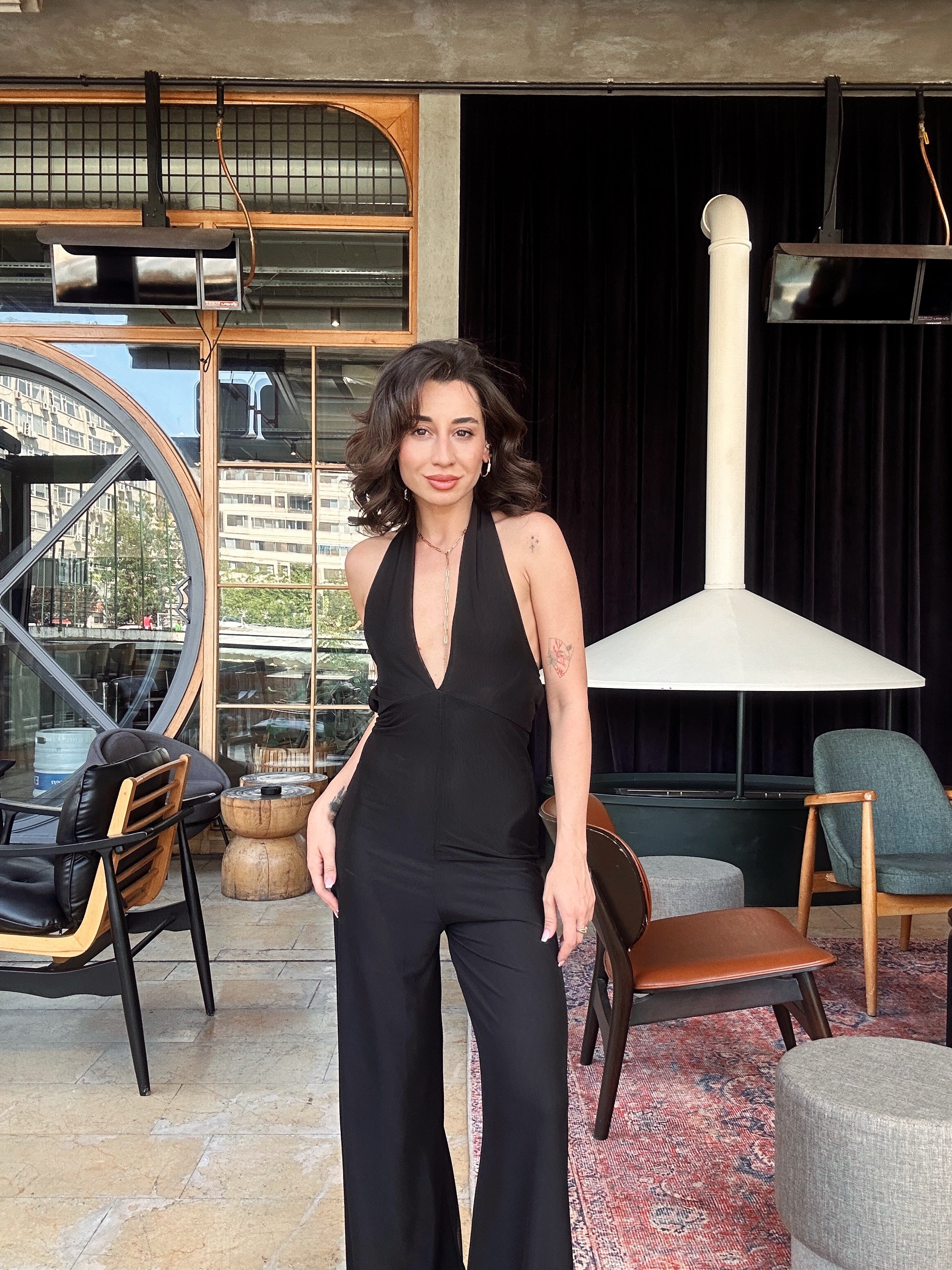 Sırt Dekolteli Tül Tulum