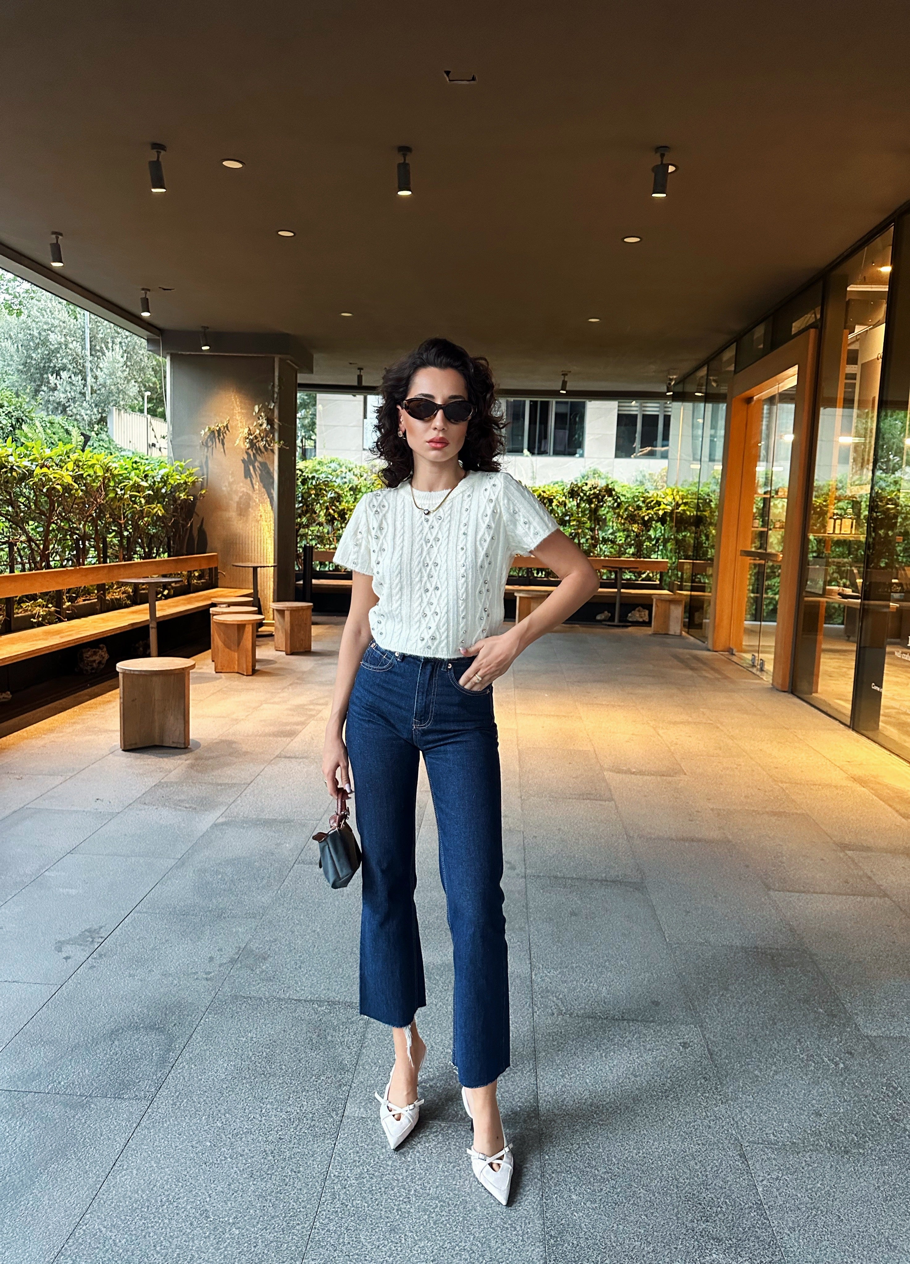 Taşlı Kısa Kollu Triko Kazak