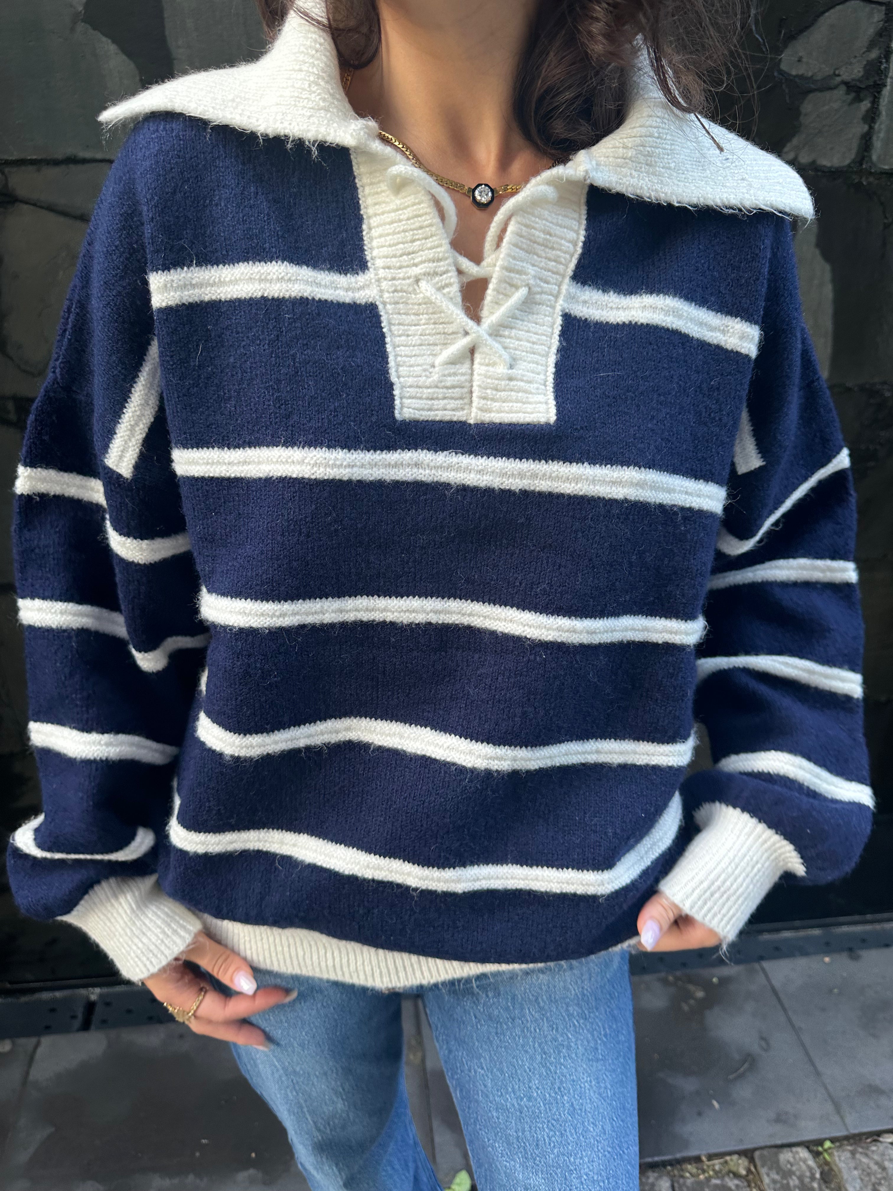 Lacivert  Çizgili Triko Kazak