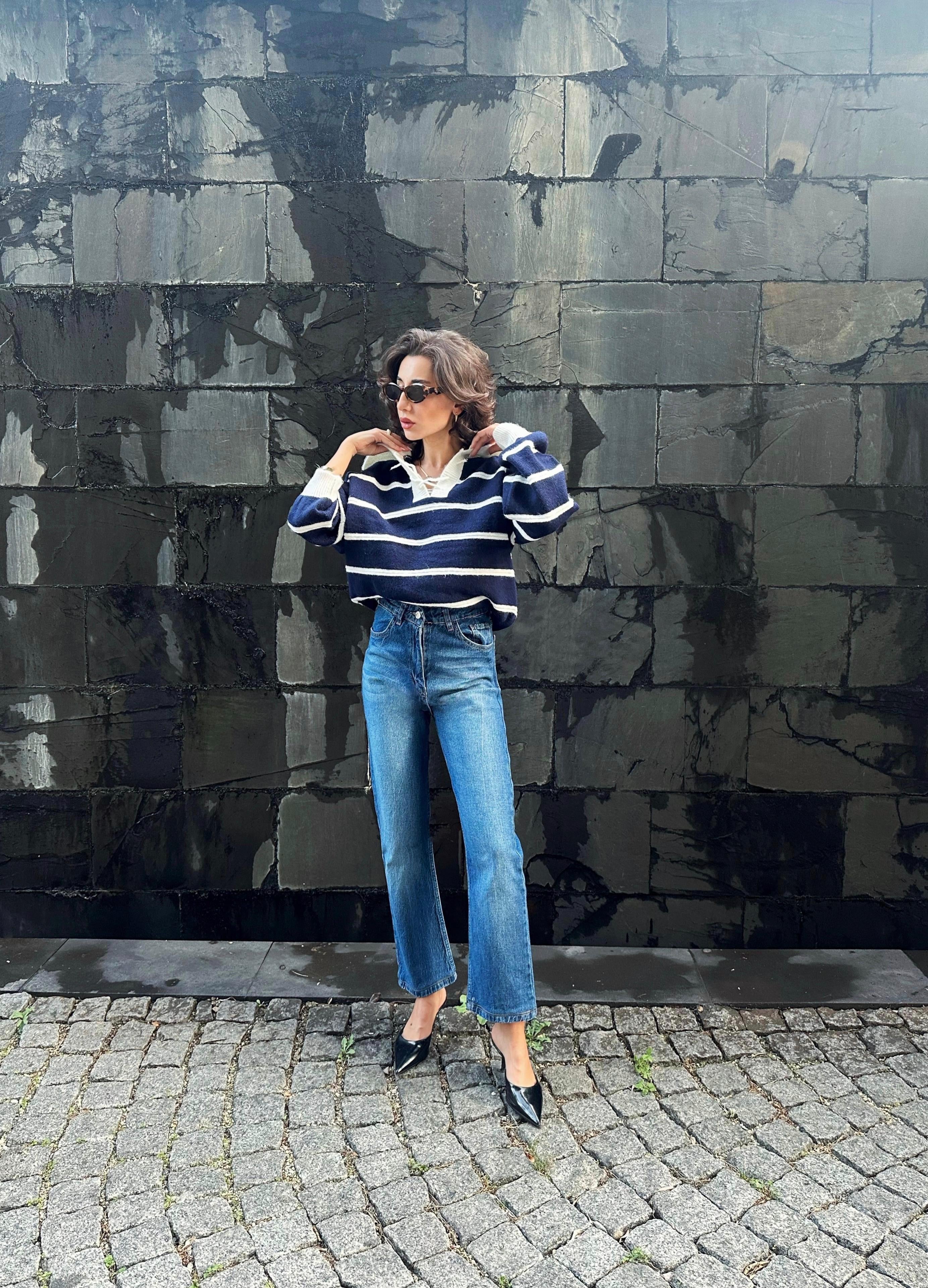 Lacivert  Çizgili Triko Kazak