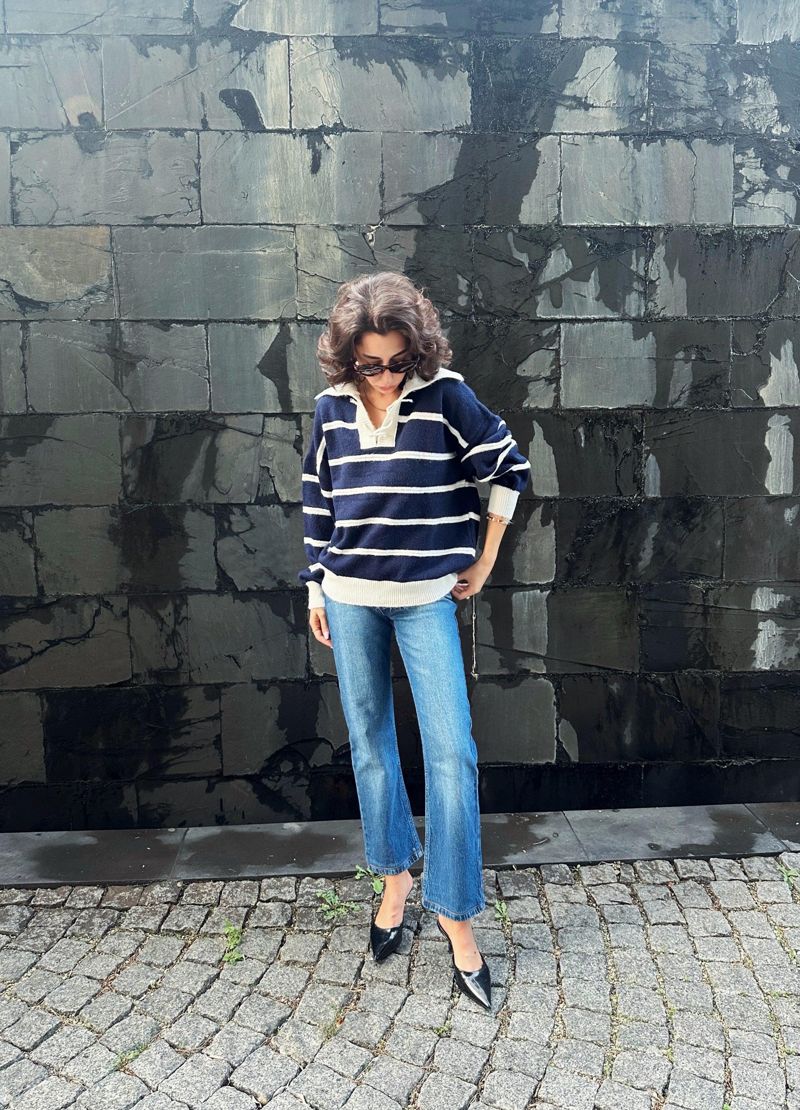 Lacivert  Çizgili Triko Kazak